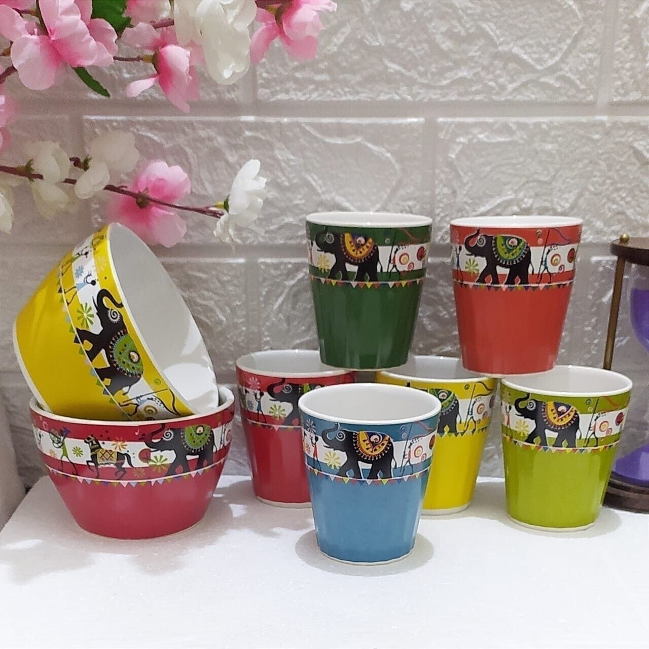 Pack of 8 Ceramic MODERN SEHNAI PRINTED 6 GLASS SET WITH 2 BOWL IN MULTI-image-29