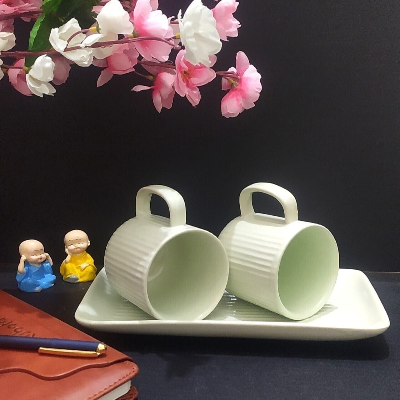 Pack of 1 Ceramic ENGLISH LIGHT GREEN Plain Mugs With Tray In Ceramic ( 2 Pair Mugs)-image-7