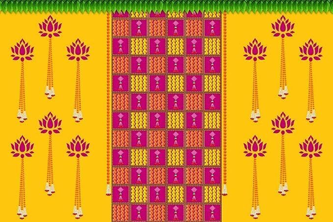 Pooja Red Rangoli Back Drop (Yellow & Pink) 5*8 Festive special Curtain Fabric-image-38