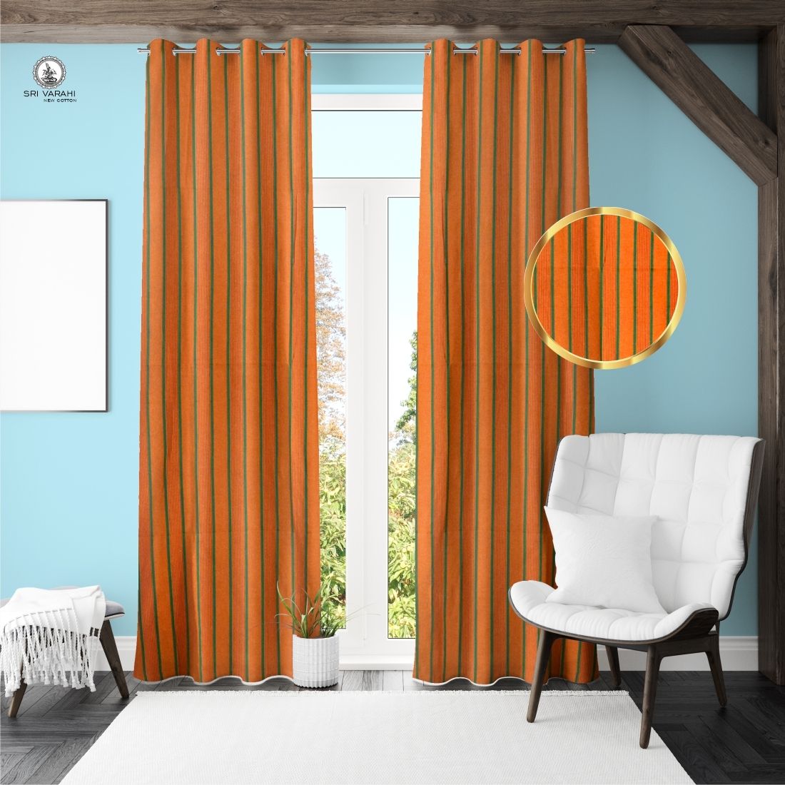 sri varahi new cotton Orange Striped Green 56 Curtain Fabric-picture-16