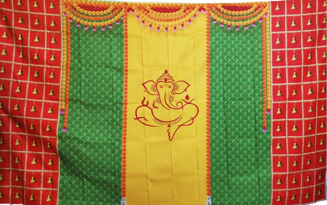Beautiful Lord Ganesh Backdrop for Puja room size 5ft Hight & 8ft Width Curtain Fabric-image-36