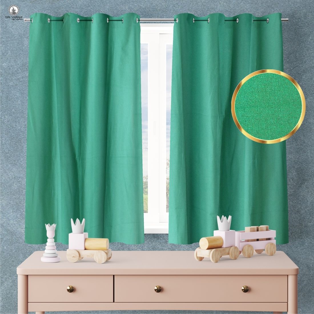 sri varahi new cotton Plain Green_64 Pack Of 2 Pic Curtain Fabric-picture-48