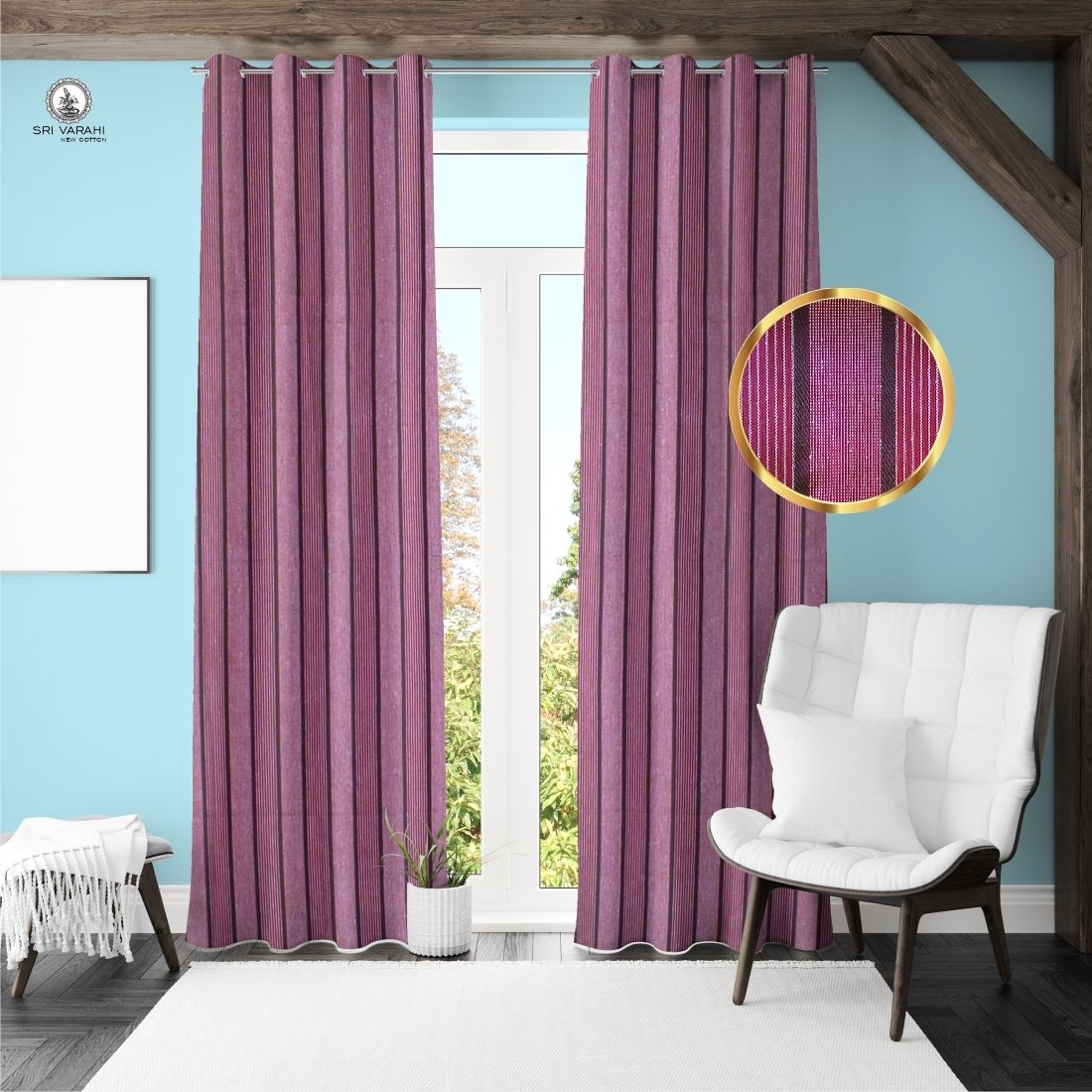 sri varahi new cotton Ruby Striped 57 Curtain Fabric-picture-10