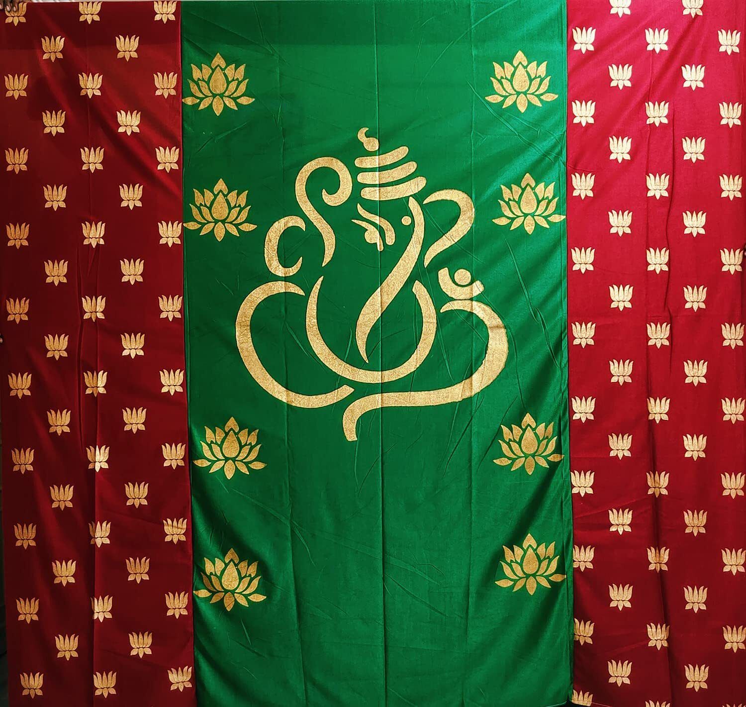 Red Ganesh Backdrop Cloth for Festivals, Functions 8x8 Feet Satin Fabric Design Curtain Fabric-image-18