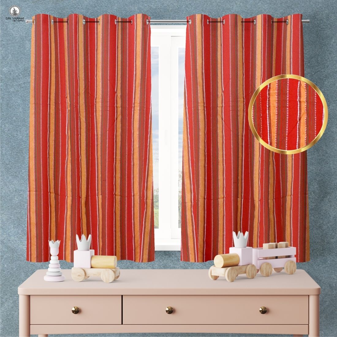 sri varahi new cotton Red With Orange Striped_65 Curtain Fabric-picture-12
