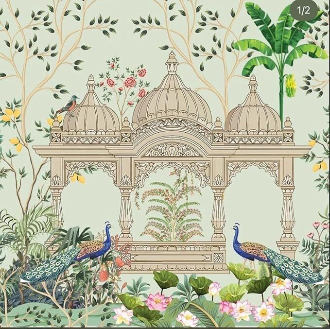 Peacock design with Banana Tree mandapam 8*8 Curtain Fabric
