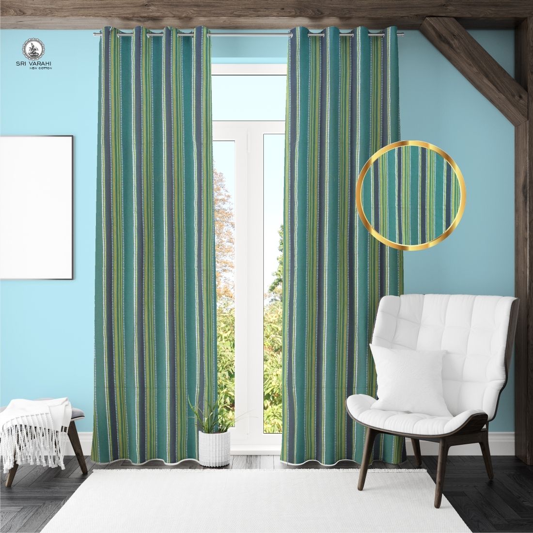 sri varahi new cotton Green striped 50 Curtain Fabric-picture-24