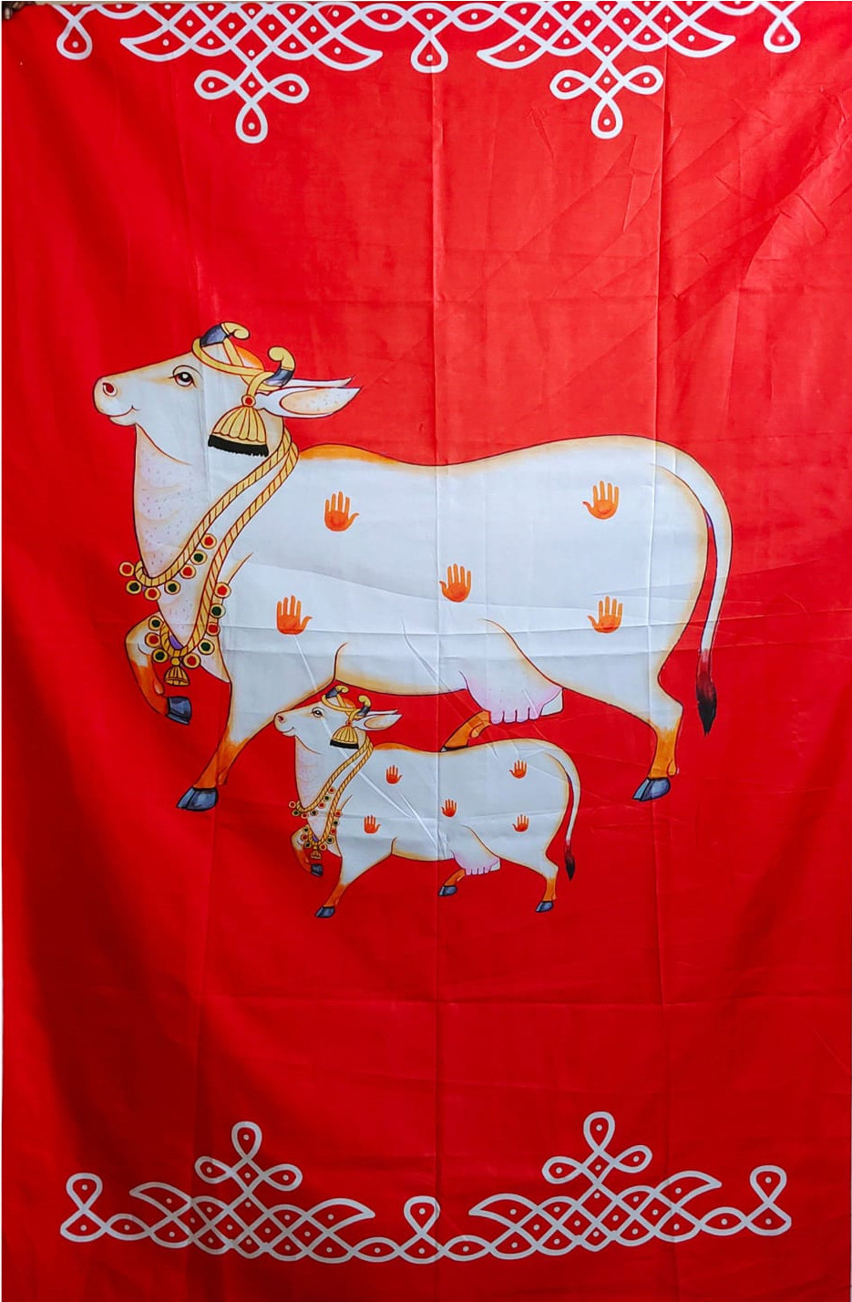anu Cow with calf Backdrop Red Background Decorative size 5ft Hight & 8ft Width Curtain Fabric image 1