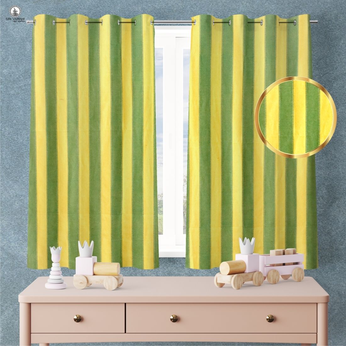 sri varahi new cotton Yellow & green Striped Colour Cotton Fabric Window Curtain _59 pack Of 2 Pic Curtain Fabric-picture-25