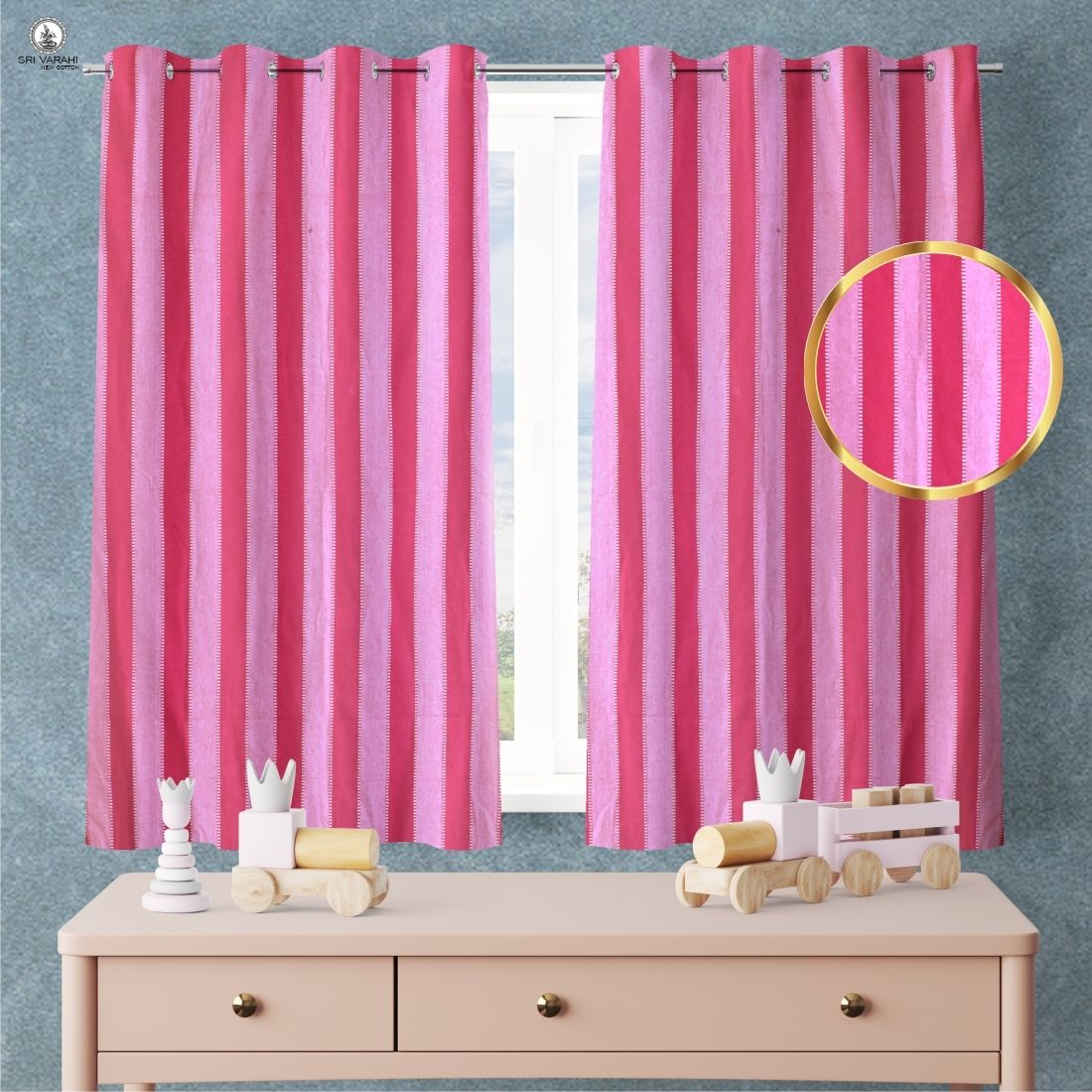sri varahi new cotton Pink Striped Colour Cotton Fabric Window Curtain _61 Curtain Fabric-picture-24