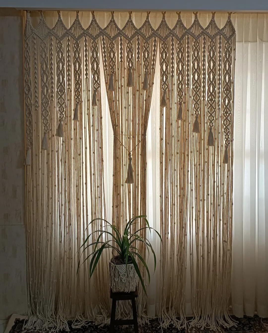 Handmade Boho Macrame Door Curtain Cotton Woven Sheer Panel 48x84 Inch Curtain Fabric