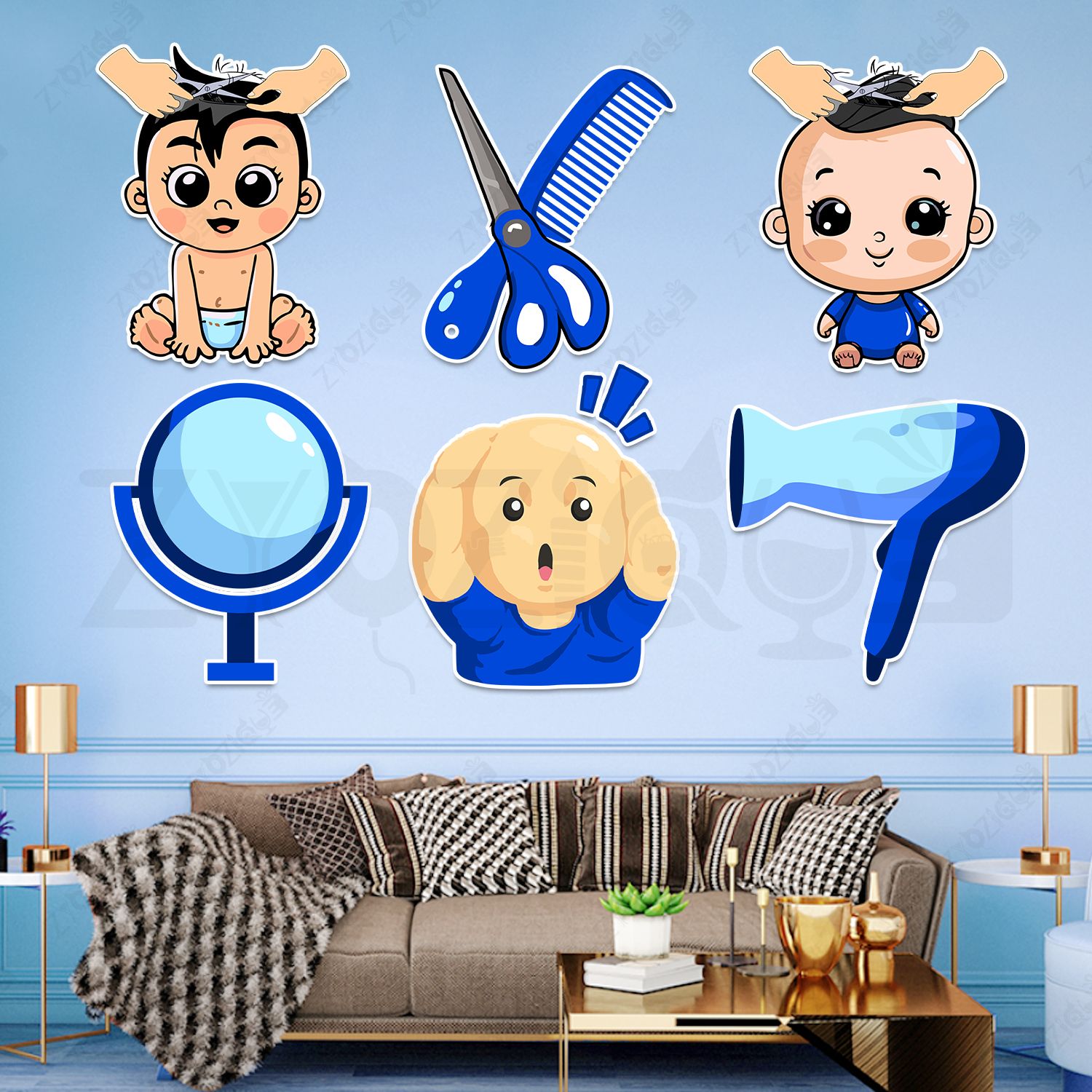 zyozique 7 Pcs Blue My First Hair Cut Theme Cardstock Cutout | Baby's Hair Cut Decoration Cardboard Cut-outs-picture-19