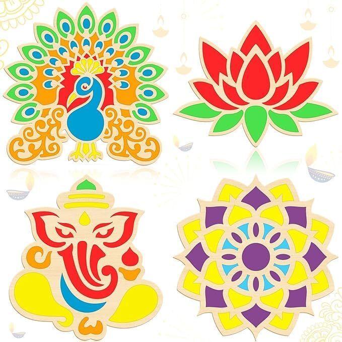 Pack of 4 Diwali DIY Wooden Rangoli Template Stencil - 11.8 Inch Wooden Cut-outs-image-17