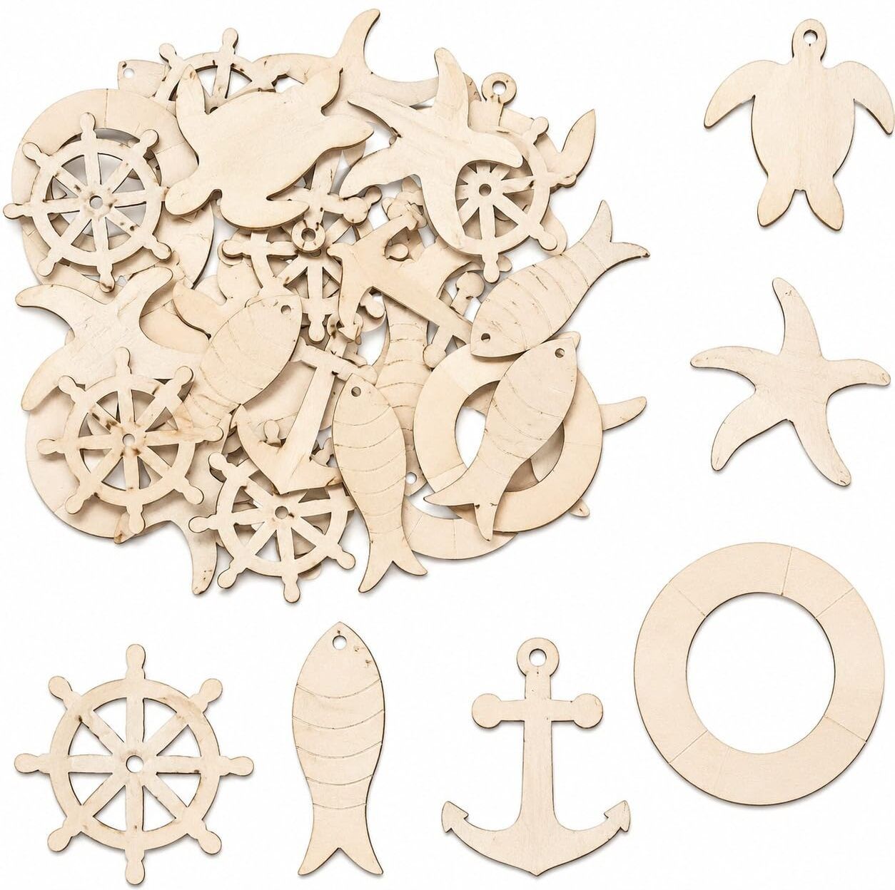 changrobe Wooden Cutouts for DIY Crafts, 36 Pieces, Starfish, Sea Turtle- 1.8x1.4 Inch Wooden Cut-outs-picture-26