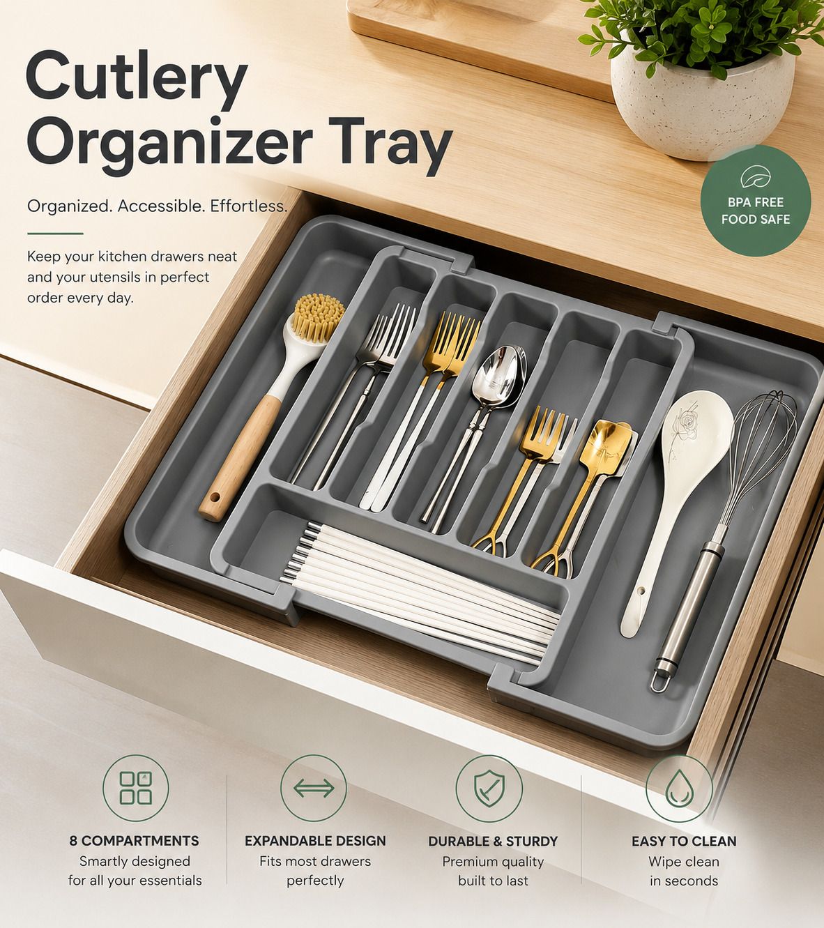 dxdt Expandable Cutlery Organizer Tray for Drawer with 8 compartment for Spoons Knife Plastic Kitchen Trolley-picture-20