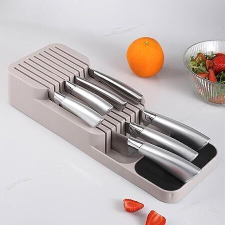 2 Tier Knife Kitchen Drawer Organizer(grey) Plastic Bread Knife, Fruit Knife