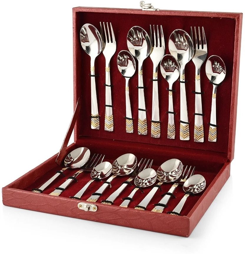 fns RAGA 24 Karat Gold Plated Set - 6 Dinner Spoons, 6 Dinner Fork, 6 Tea Spoons Stainless Steel Cutlery Set-picture-18