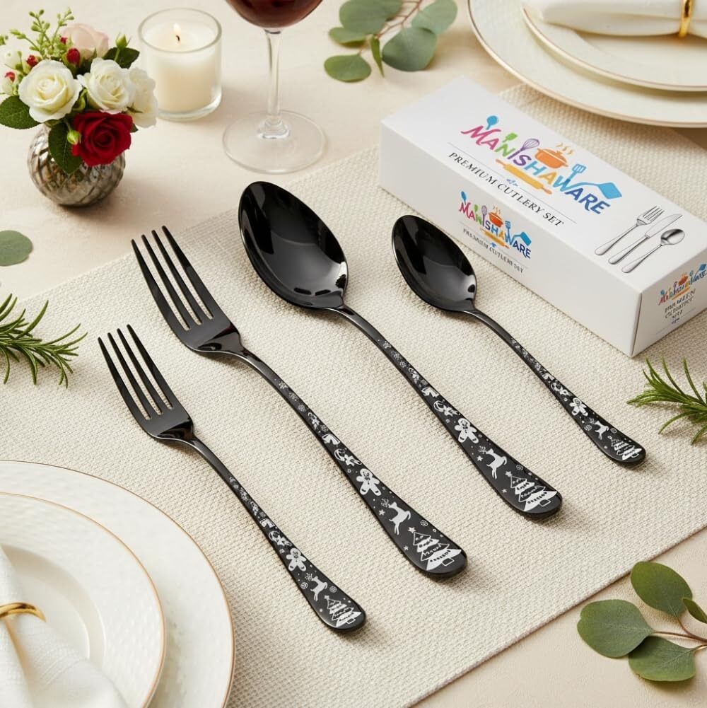 MANISHAWARE Christmas Design Black 12 Pcs Cutlery Set Stainless Steel Cutlery Set-image-28