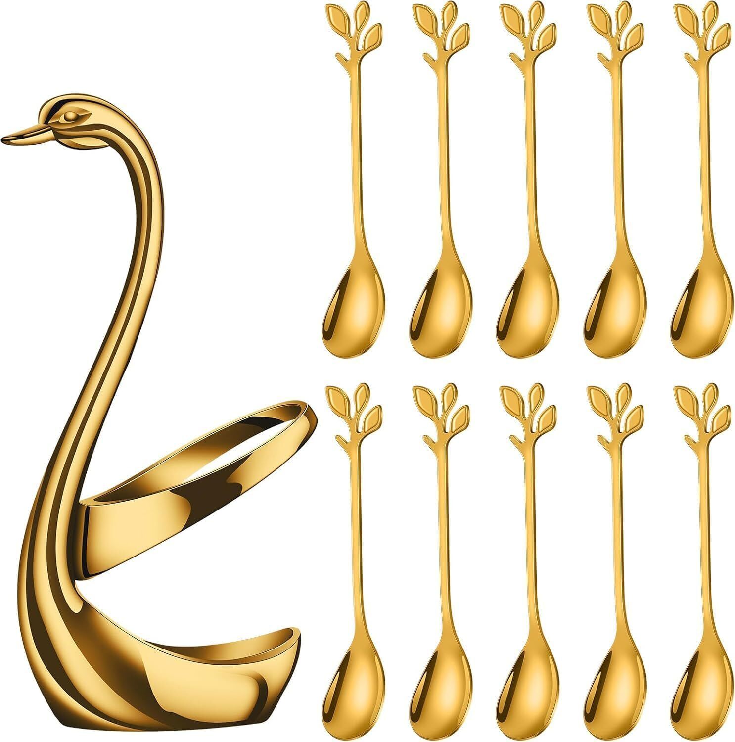 kitchexpo 10 PCS Coffee Dessert Spoon Set with Elegant Swan Base Holder Gold Finish Disposable Stainless Steel Cutlery Set-picture-11