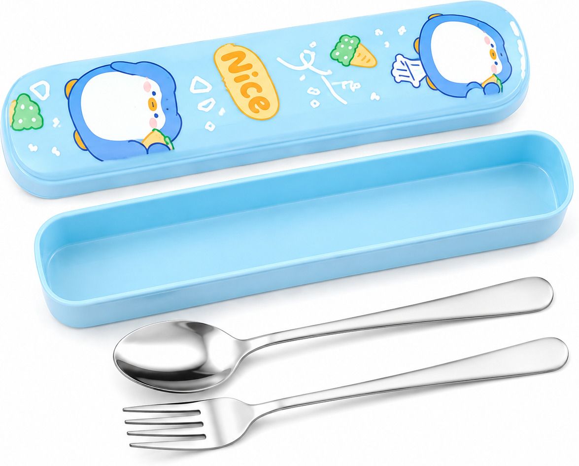 Cute Penguin Print Portable Travel Cutlery Set with Spoon, Fork & Blue Case Stainless Steel Cutlery Set-image-23