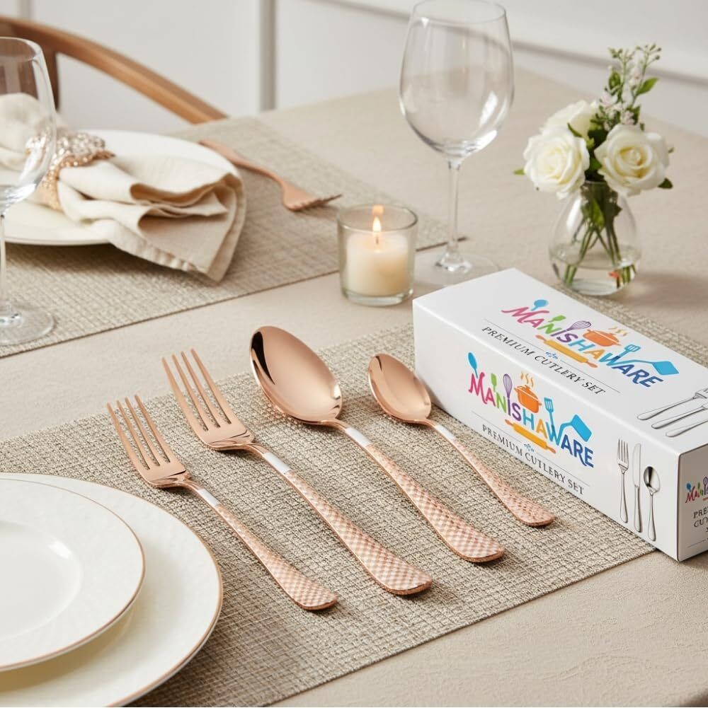 MANISHAWARE Checkered Design Rose Gold 20 Pcs Cutlery Set Stainless Steel Cutlery Set-image-41