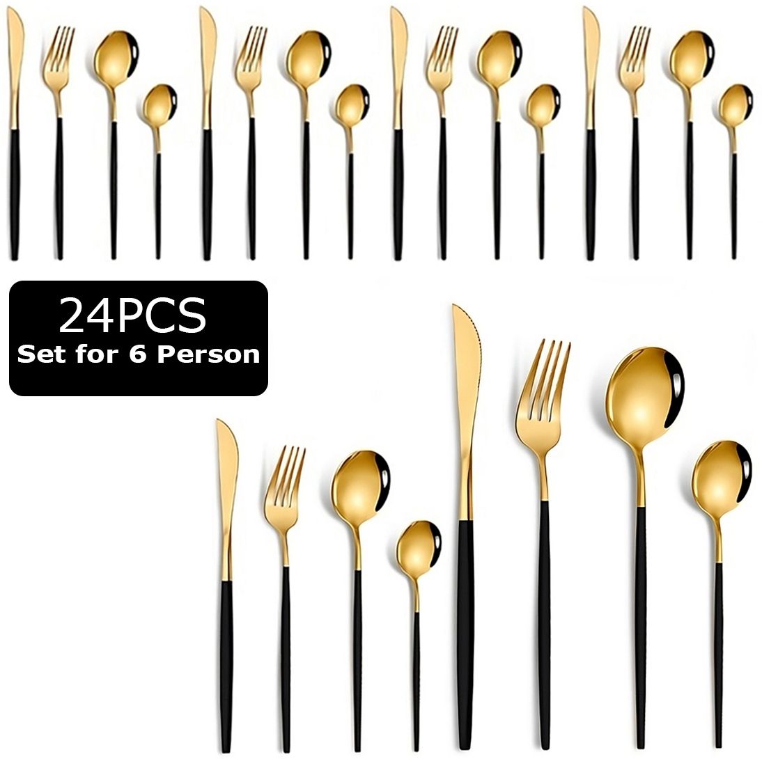 bonzeal 24 Pieces Stainless Steel Premium Black Gold Cutlery Set Stainless Steel Cutlery Set-picture-30