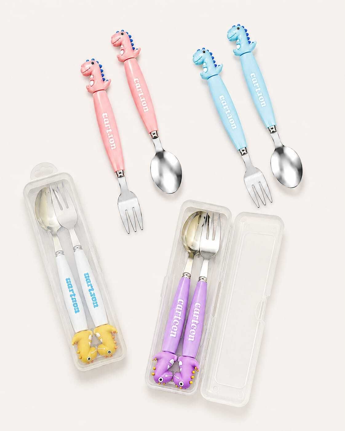 Cute Dinosaur Spoon & Fork Set with Storage Box | Random Colour Stainless Steel Cutlery Set-image-10