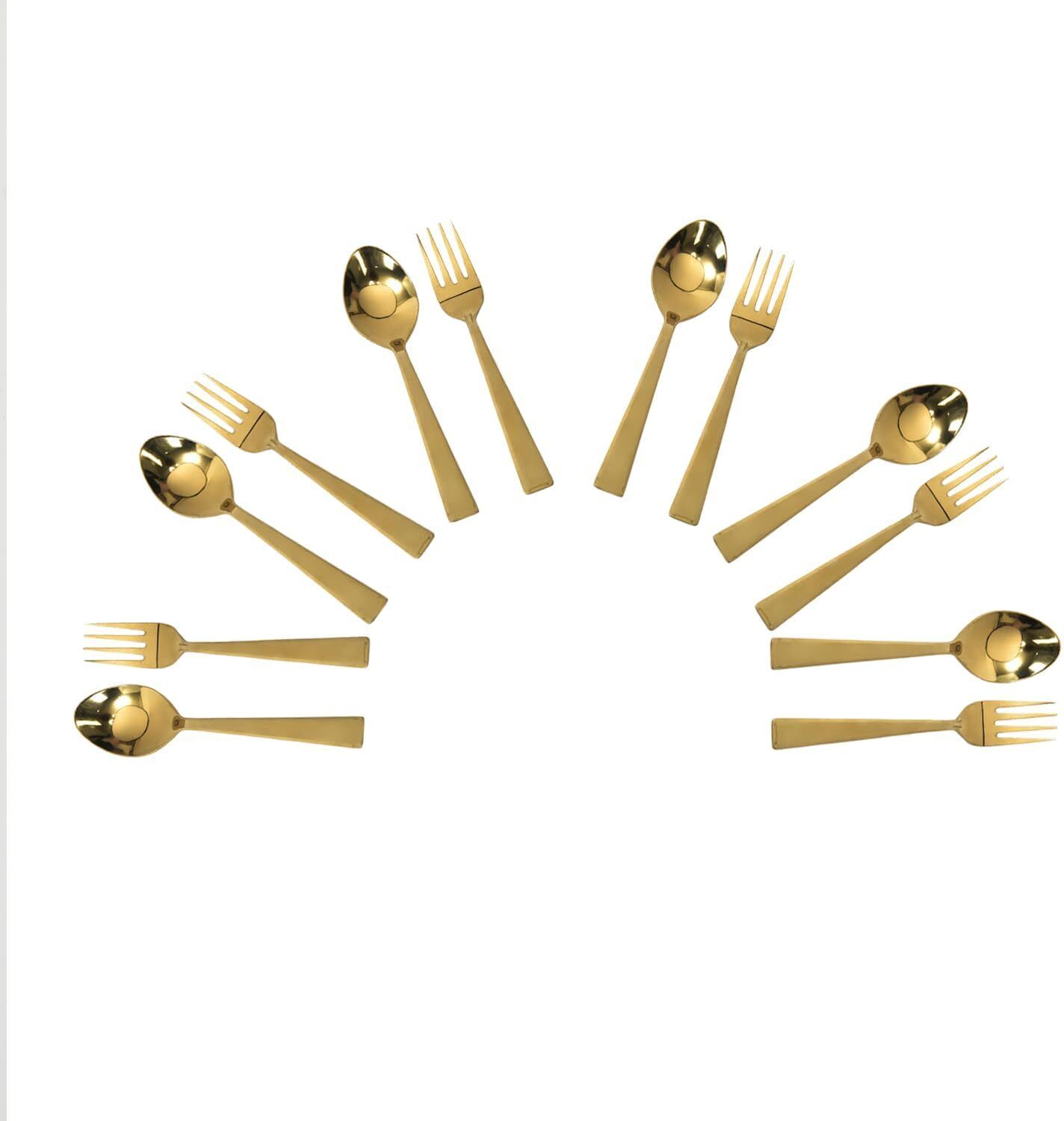 Golden Cutlery Set of 12-6 Spoons & 6 Forks | Gold Spoon & Fork Kitchen Set Gold Plated, Stainless Steel Cutlery Set
