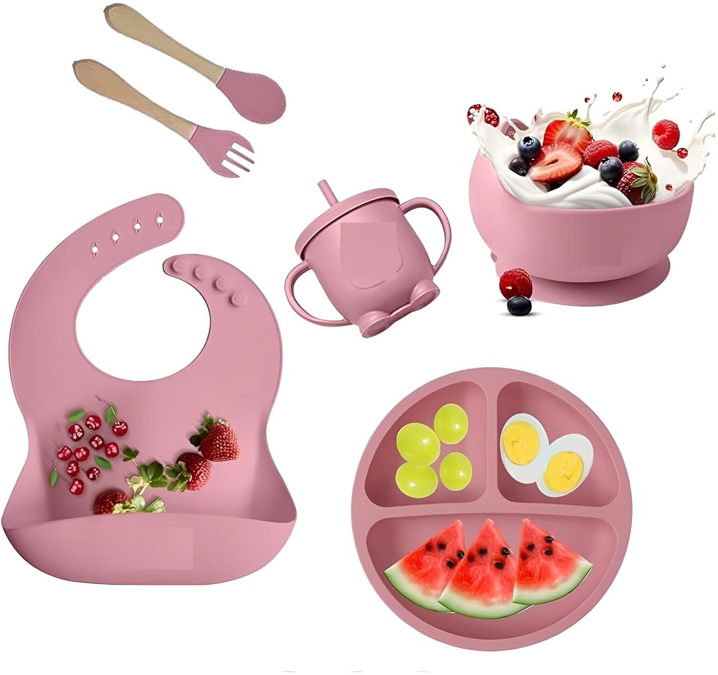 skyvokes Baby Silicone Feeding Set 5 Pcs | Suction Bowl, Divided Plate, Bib, Sippy Cup, - Silicone-picture-24