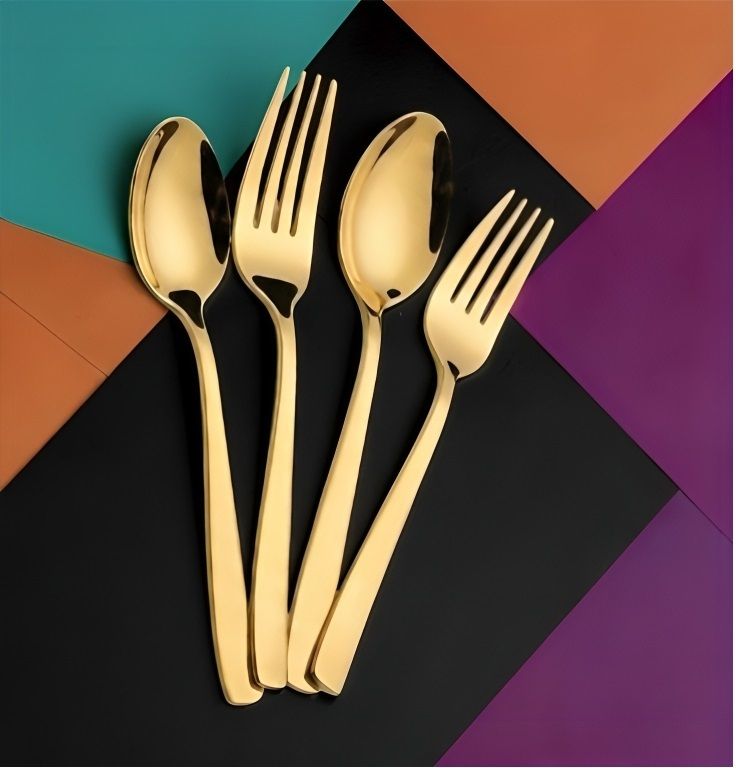 Gold Plated Spoon & Fork Set,Premium Cutlery Set for Dining, Dessert Stainless Steel Cutlery Set-image-25
