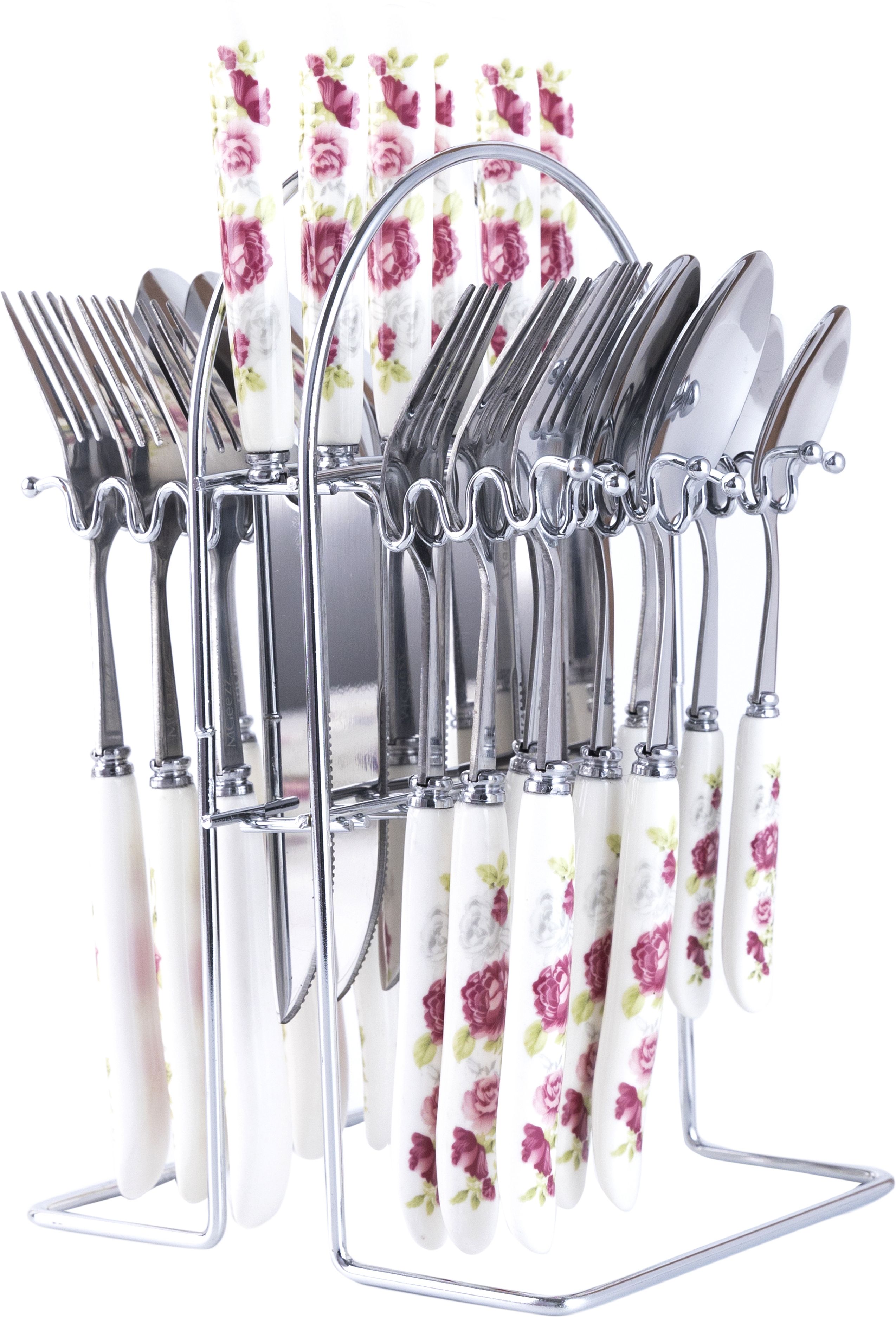 Floral Pink Rose Ceramic Stainless Steel Spoons, Forks & Knives Cutlery Set Stainless Steel, Ceramic Cutlery Set-image-0