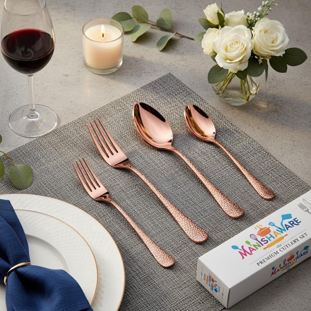 MANISHAWARE Hammered Design Rose Gold 24 Pcs Cutlery Set Stainless Steel Cutlery Set-image-40