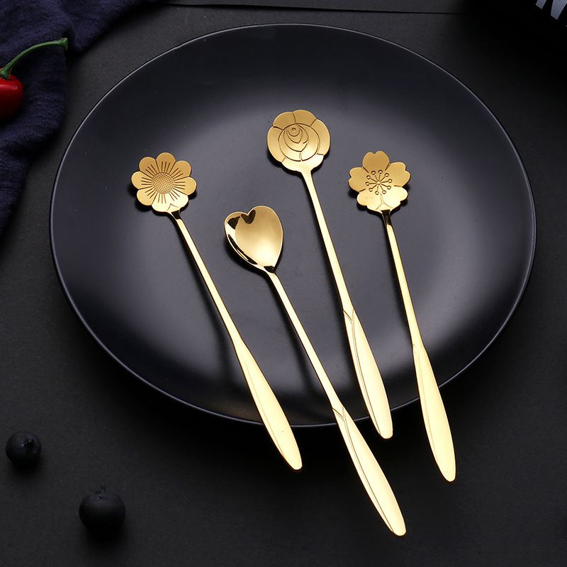 Desert Spoon 4pcs Set Long Handle Flowers Shaped Stirring Golden Spoons Disposable Stainless Steel Cutlery Set