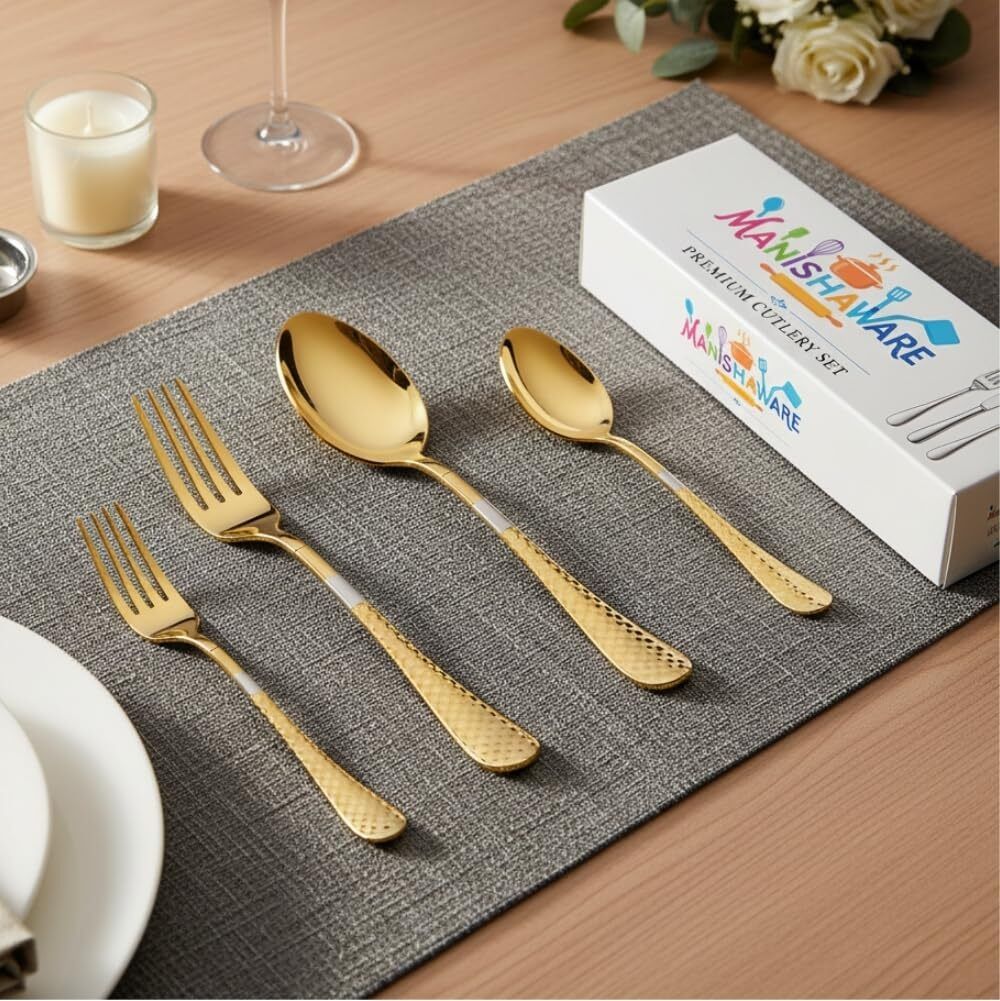 MANISHAWARE Checkered Design Gold 16 Pcs Cutlery Set Stainless Steel Cutlery Set-image-23