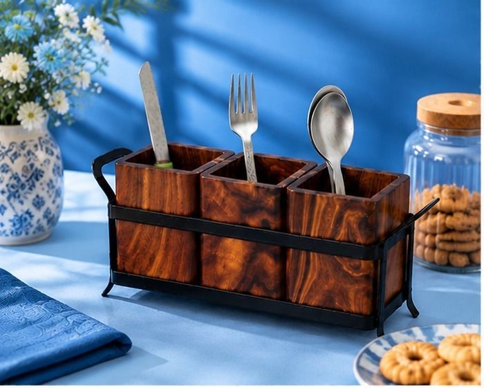 Wooden Square Bowl Holder Set Wooden Cutlery Set-image-1