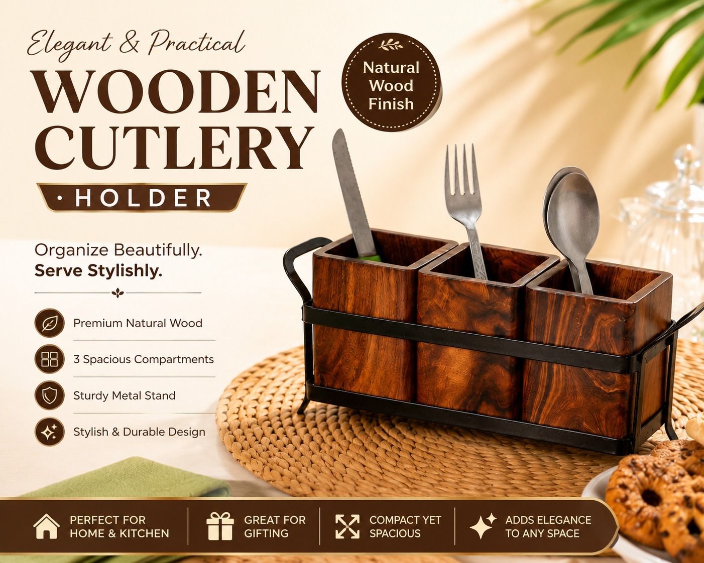 Decorative Wooden Condiment Basket Wooden Cutlery Set-image-4