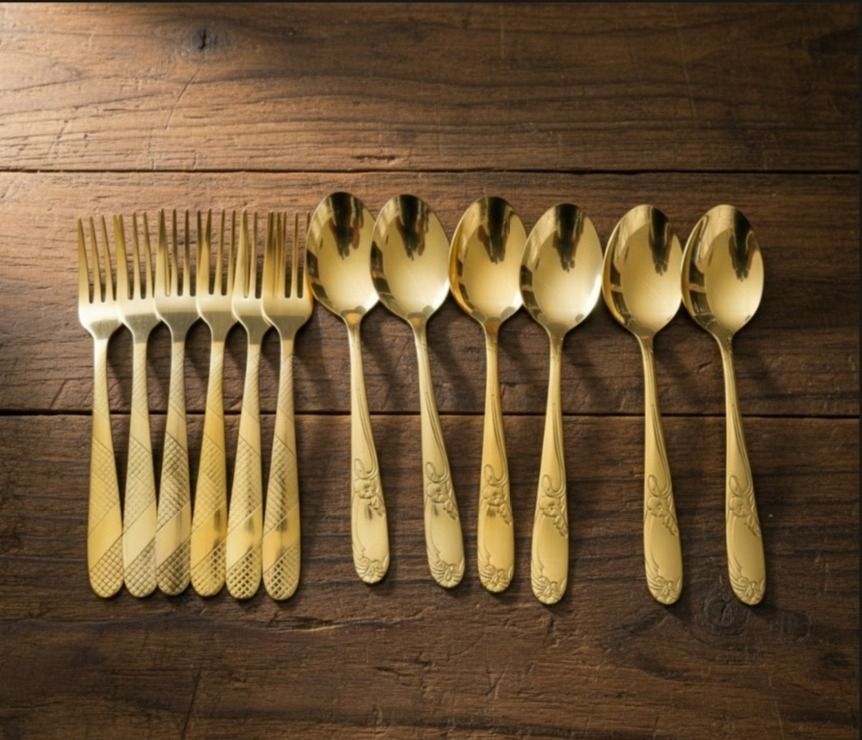 12 Pcs Gold Plated Cutlery Set | Stainless Steel Spoon Fork Set | Luxury Dining Stainless Steel Cutlery Set-image-3