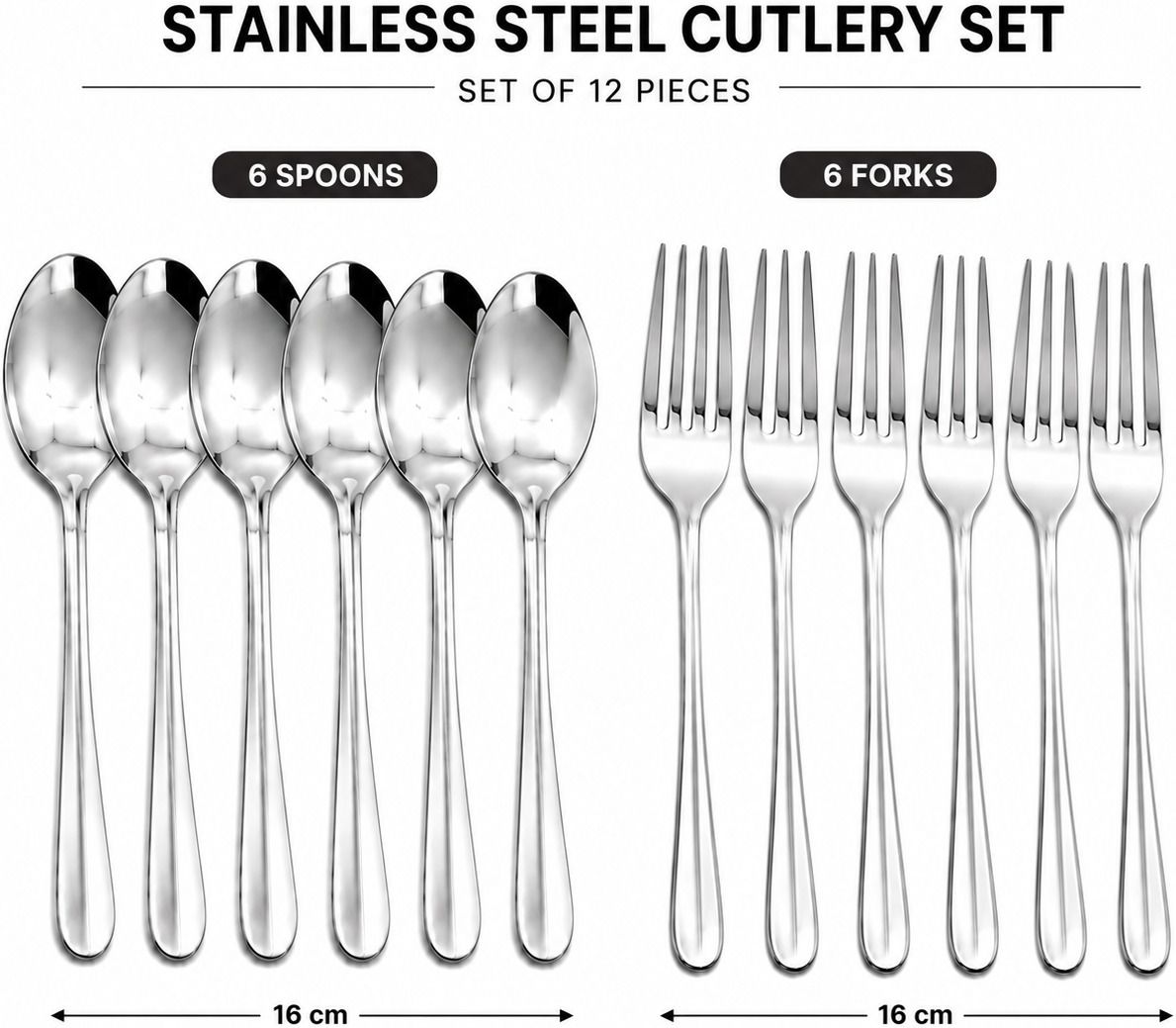 ctc Stainless Steel Spoon & Fork Set of 12 Pieces (6 Spoons + 6 Forks) Stainless Steel Cutlery Set-picture-4