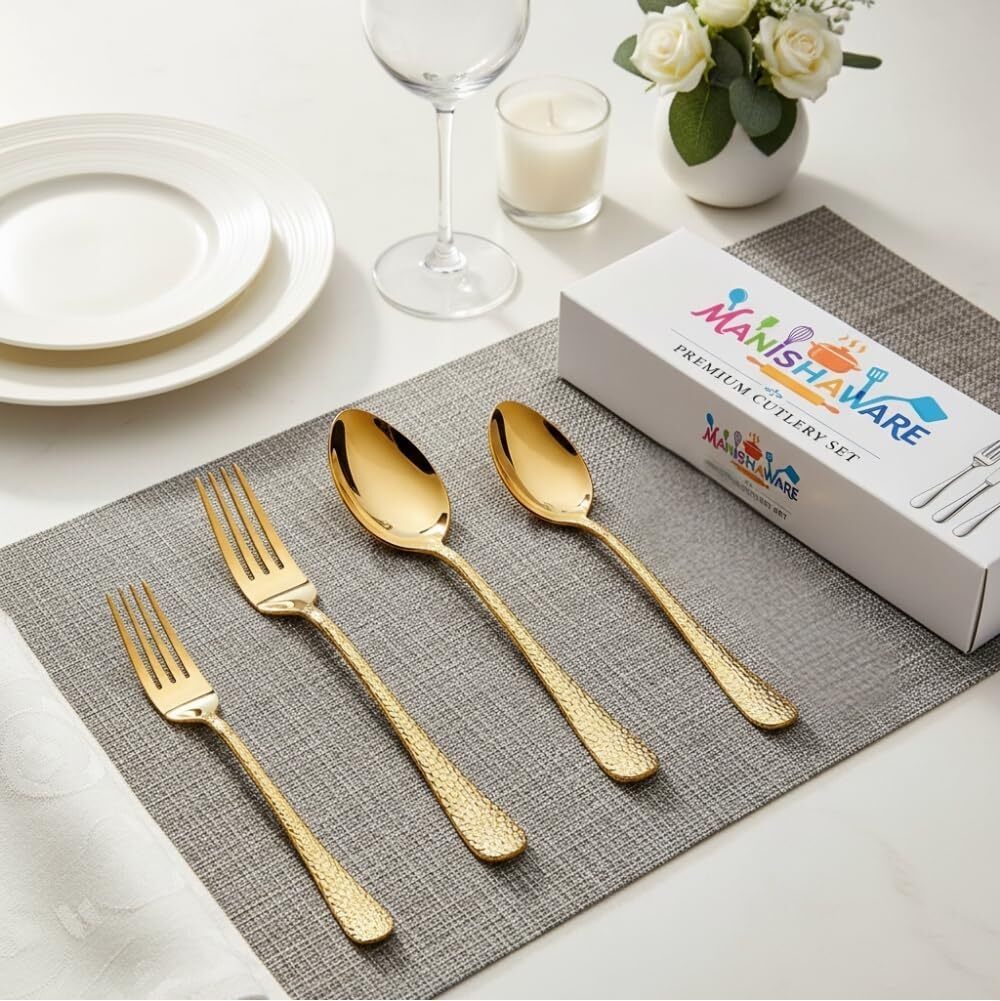 MANISHAWARE Hammered Design Gold 20 Pcs Cutlery Set Stainless Steel Cutlery Set-image-17