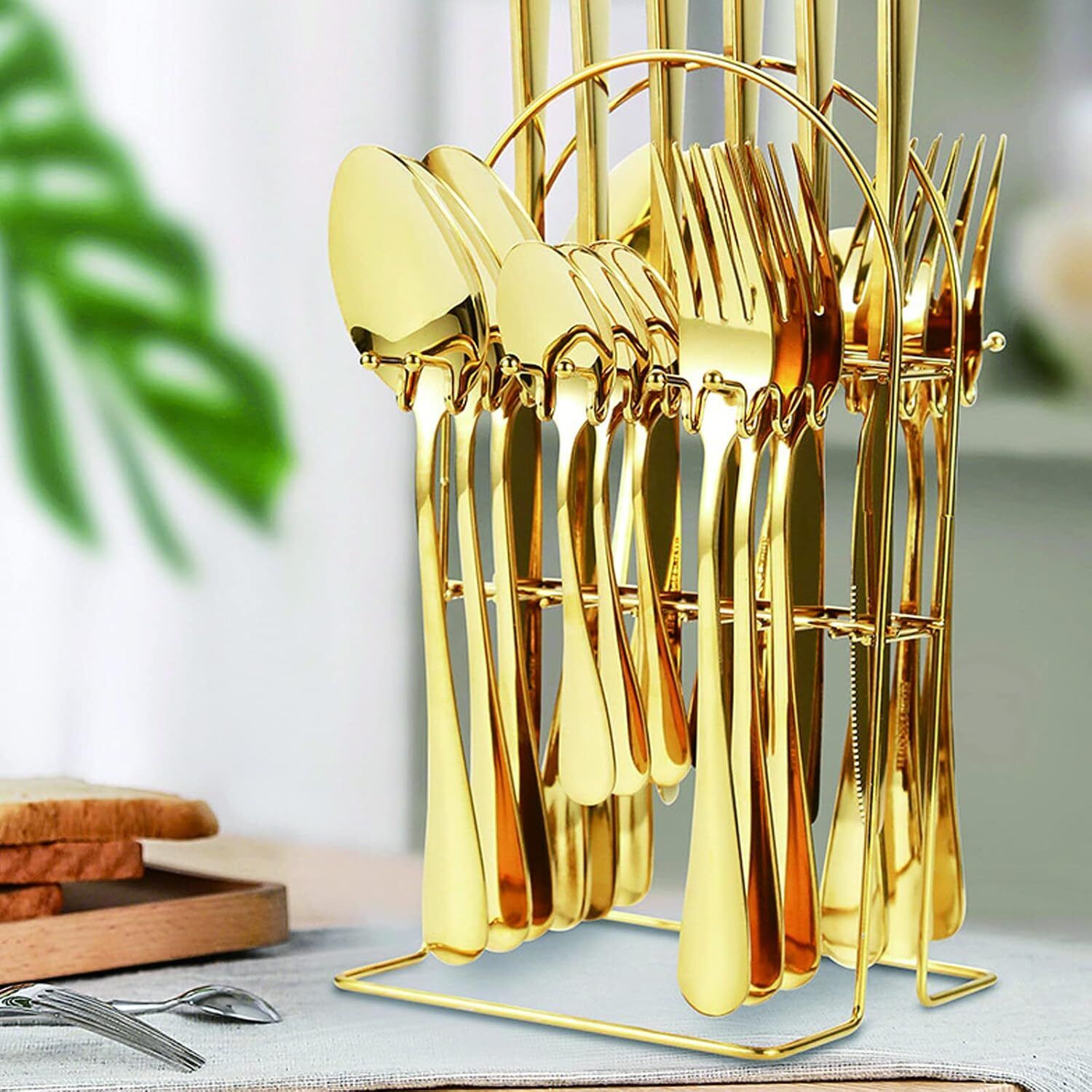 24 Pcs Stainless Steel Gold Finish Cutlery Set with Stand Spoon Fork Knife Set Stainless Steel Cutlery Set-image-21