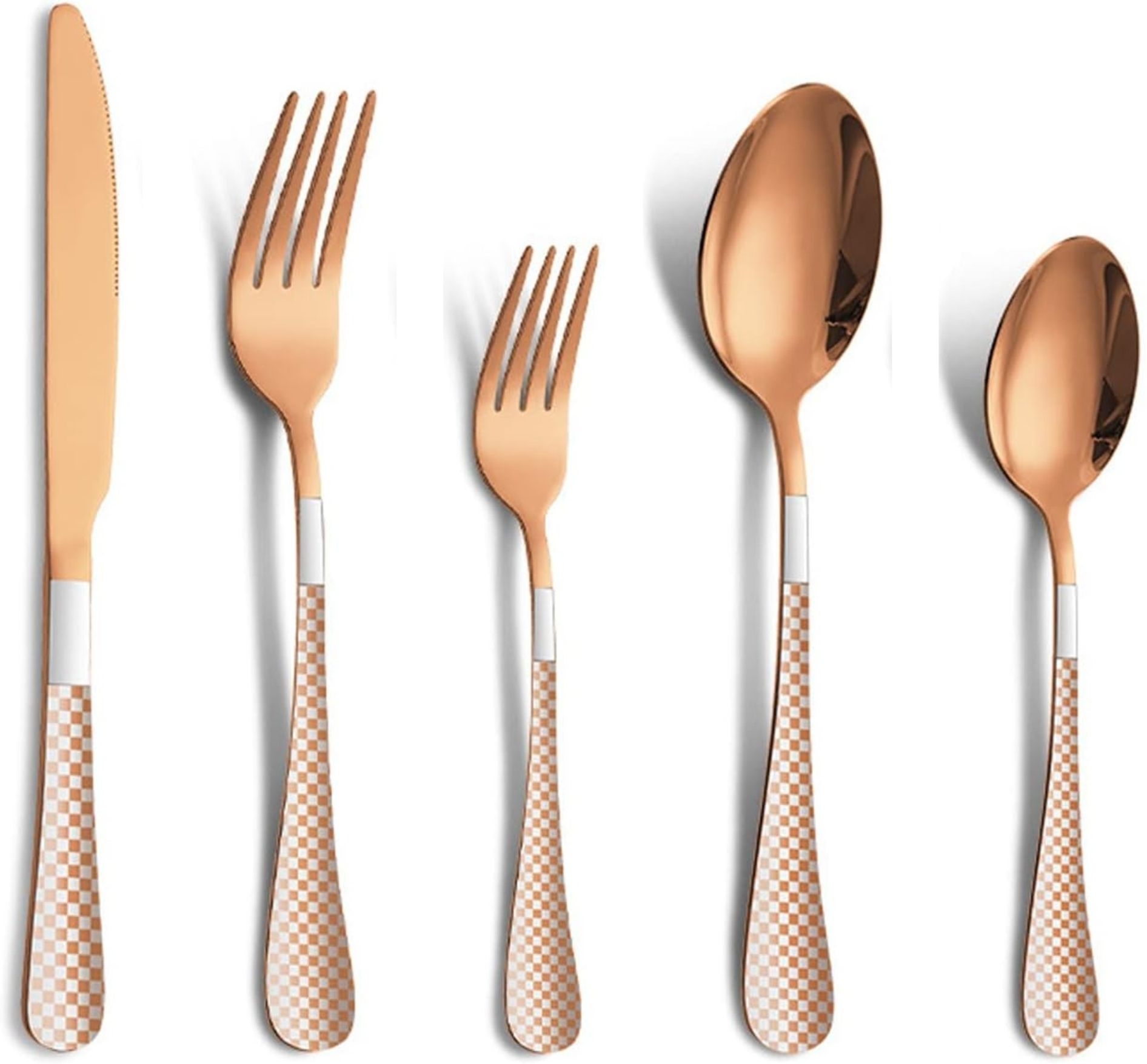 kitchantique Rosegold Silverware Set | 5-Pcs Flatware With Unique Checks Print Handle Stainless Steel Cutlery Set-picture-23