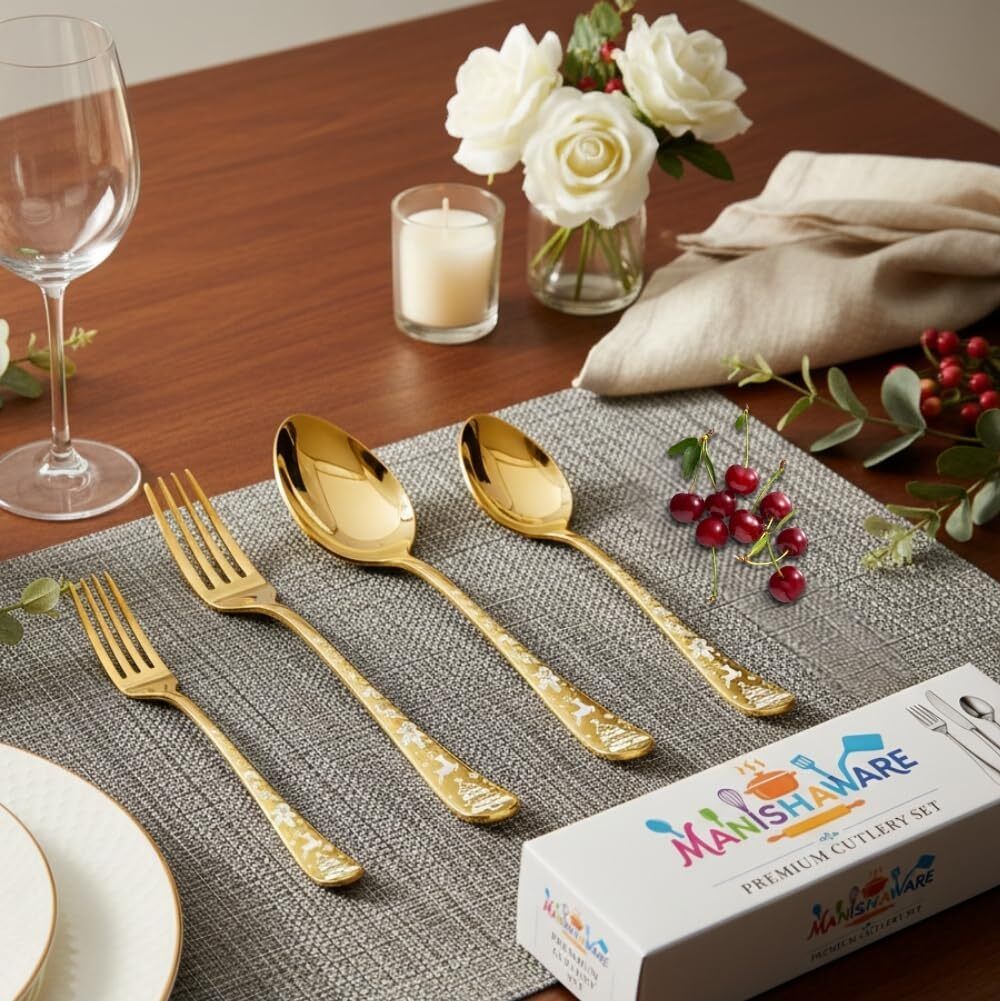 MANISHAWARE Christmas Design Gold 16 Pcs Cutlery Set Stainless Steel Cutlery Set-image-20