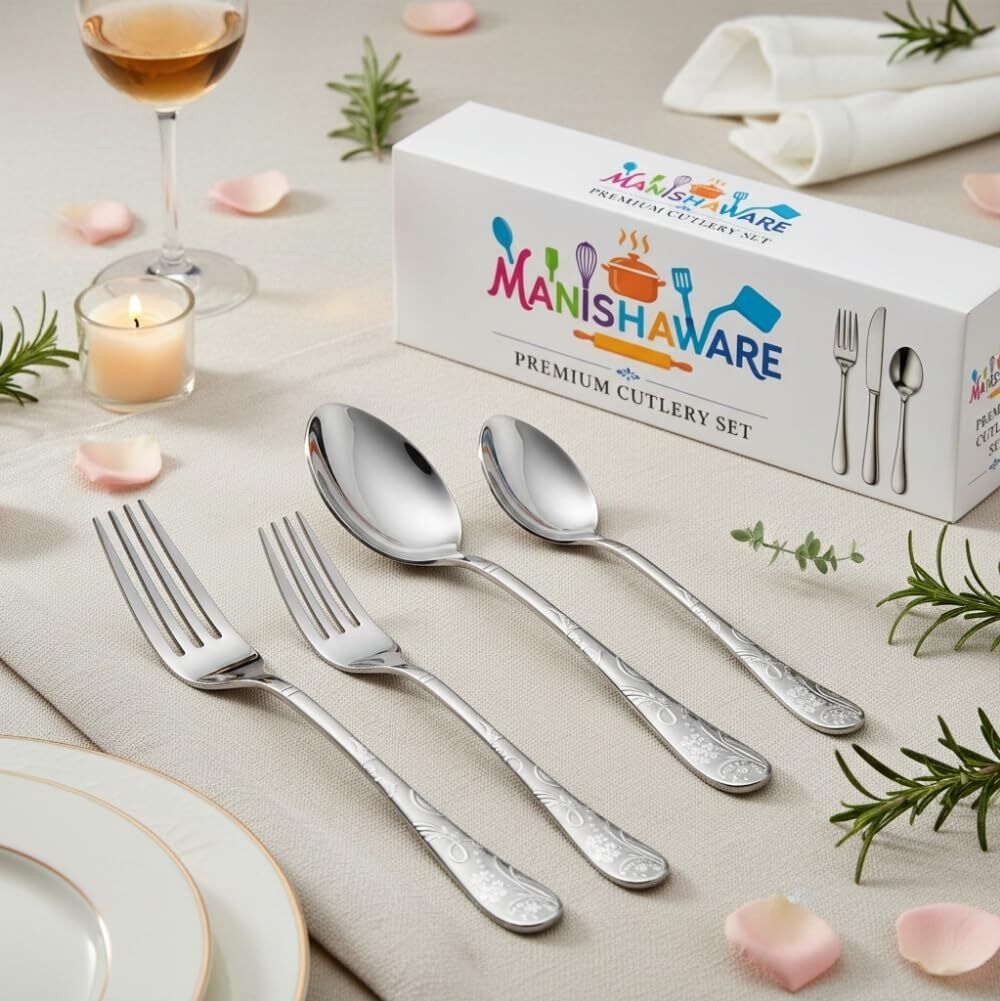 MANISHAWARE Floral Pattern Silver 8 Pcs Cutlery Set Stainless Steel Cutlery Set-image-16