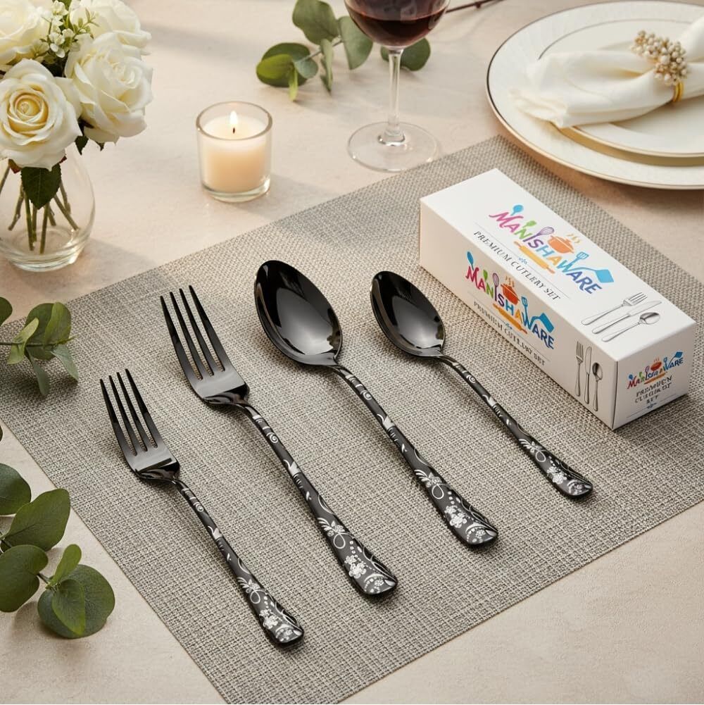 MANISHAWARE Floral Pattern Black 24 Pcs Cutlery Set Stainless Steel Cutlery Set-image-38