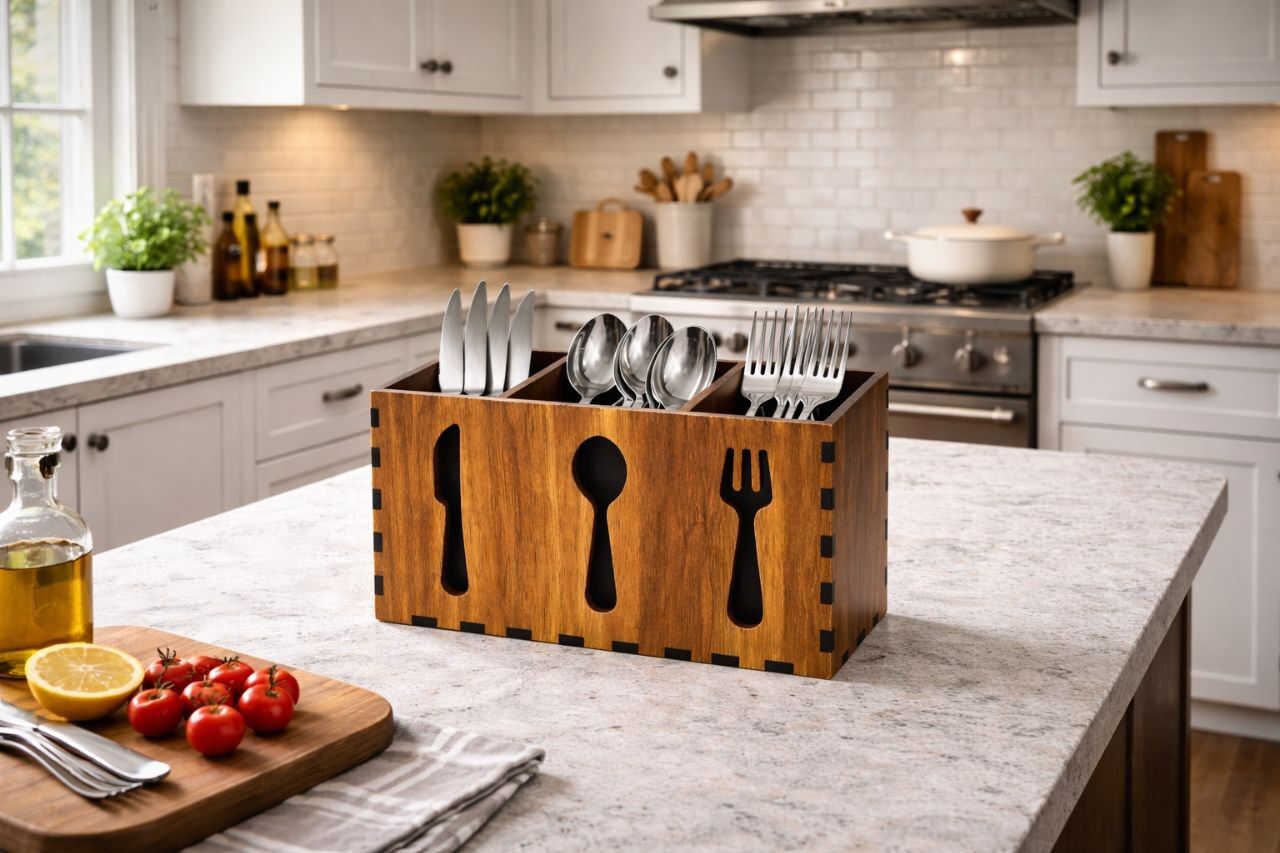 Wooden Cutlery Holder Stand | Dining Table Spoon Fork Organizer | Brown Finish Wooden Cutlery Set-image-44
