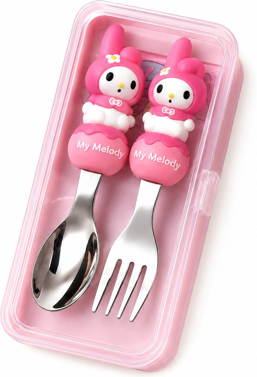 Pink Cute Spoon & Fork Set with Storage Case for Kids Travel Use Portable Stainless Steel Cutlery Set-image-38