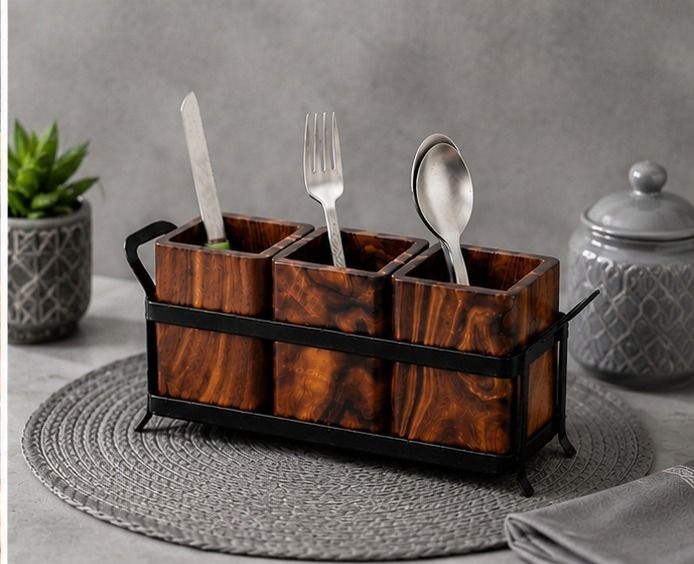 Wooden Spice Storage Box with Iron Stand Wooden Cutlery Set-image-30