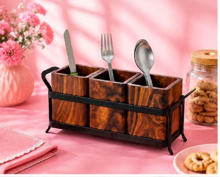Wooden Storage Bowls with Metal Stand Wooden Cutlery Set-image-48
