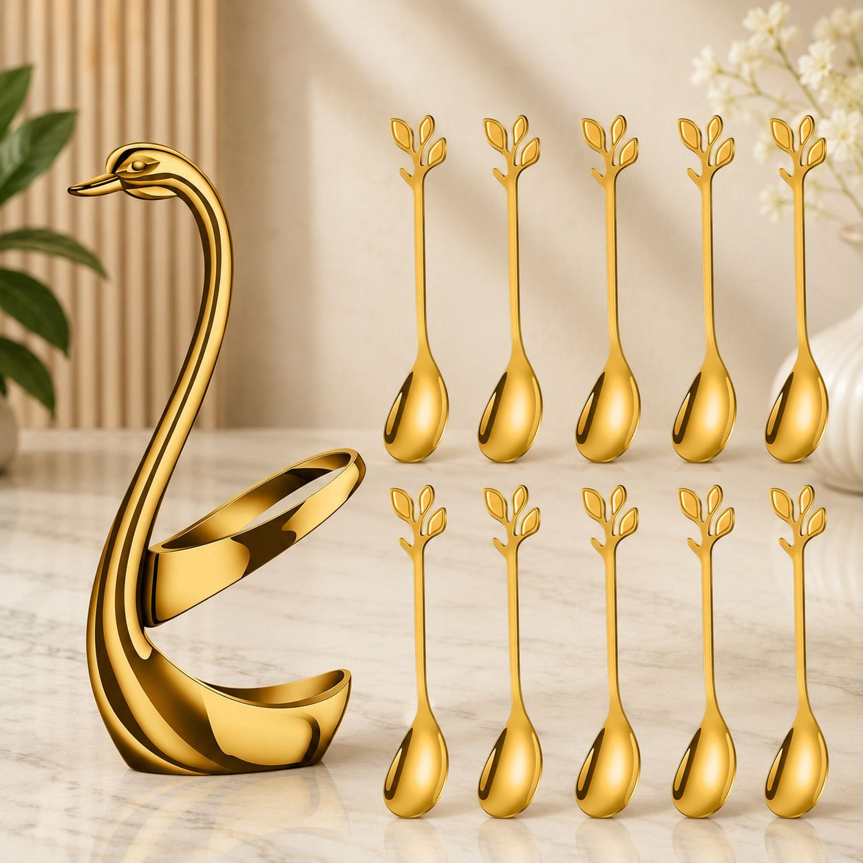 Elegant Gold Coffee Spoon Set with Swan Stand for Dessert & Tea Serving Disposable Stainless Steel Cutlery Set-image-42