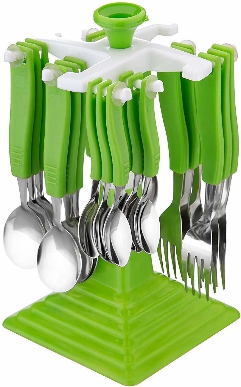 Stainless Steel Spoons, Forks & Knives Set of 24 with Stand Plastic, Stainless Steel Cutlery Set-image-49